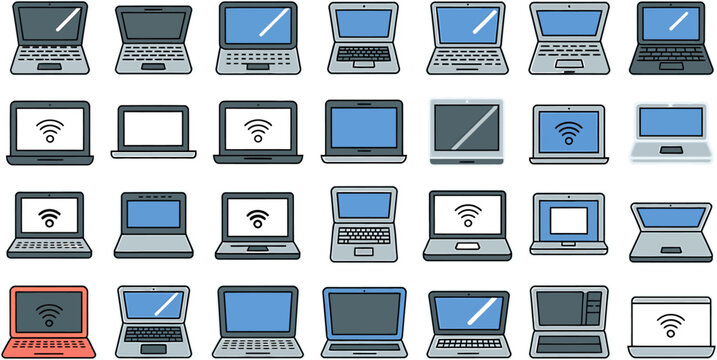 Assortment of Laptops: A grid showcases a variety of laptop computers, each with different colors, screen displays, and indications of connectivity, representing modern technology and digital devices.