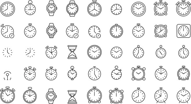 Collection of Clock and Time Icons: A comprehensive set of diverse clock and time-related icons, including analog watches, digital clocks, hourglasses, and stopwatches.