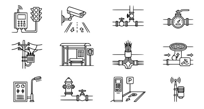 City Infrastructure and Traffic Control Technical Line Icons Set