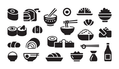 Japanese food icons set featuring sushi maki rolls rice bowls and sake drink in black. © MDABDUR
