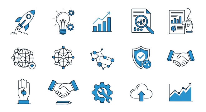 This collection features fifteen blue and black icons symbolizing key business concepts like innovation, growth, connectivity, and strategic partnerships.