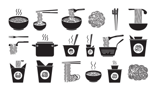 Noodle preparation icons showing pots forks and takeaway containers in black silhouette style.
