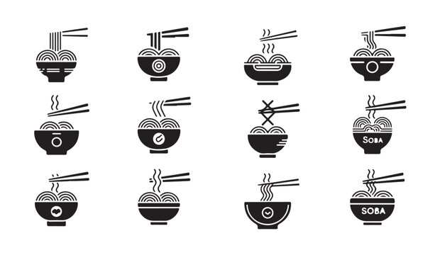 Noodle in bowl and with chopsticks black glyph icons set, oriental food collection.