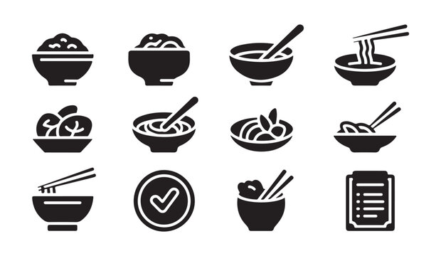 Assortment of black food icons including bowls of rice noodles and sushi.