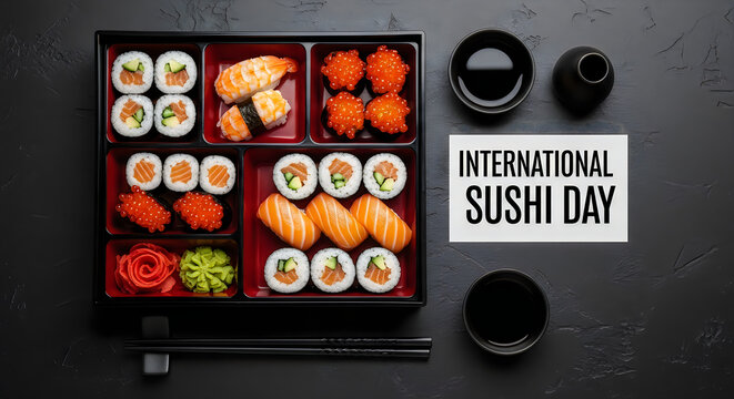 International sushi day celebration with assorted sushi in bento box