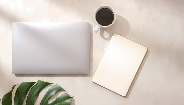Top down view of modern minimalist workspace with laptop coffee cup and blank notebook on beige table