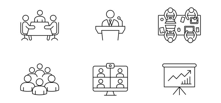 Business meeting conference teamwork presentation speaker video conference line icon set transparency background showing meeting table, conference room, podium speech, audience group