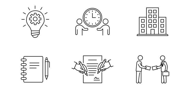Business icon line icon contract agreement office meeting Minimal line icon set featuring business concept with contract signing, agreement handshake, office building, meeting schedule, notebook