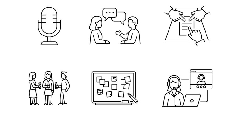 Podcast interview meeting teamwork brainstorming customer service business communication collaboration planning line icon set showing microphone, interview conversation, contract signing