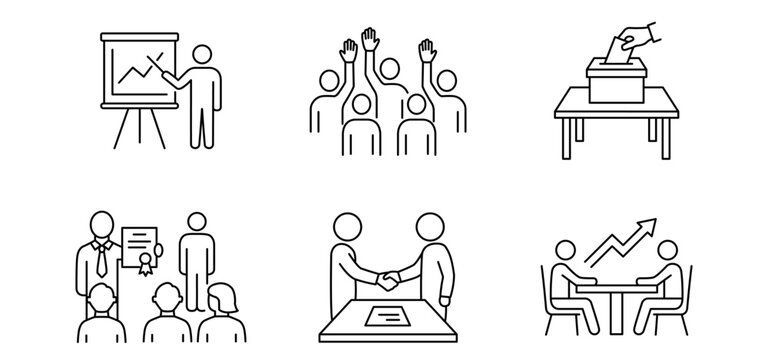 Business icon meeting icon vote icon presentation handshake teamwork line business line icon set with presentation raised hand ballot box award ceremony handshake deal and growth chart meeting