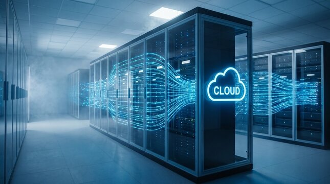 Modern data center servers connect seamlessly through futuristic cloud