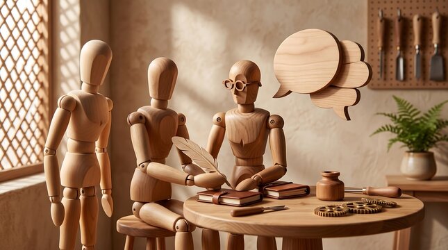 Wooden mannequins writing in journal with quill pen