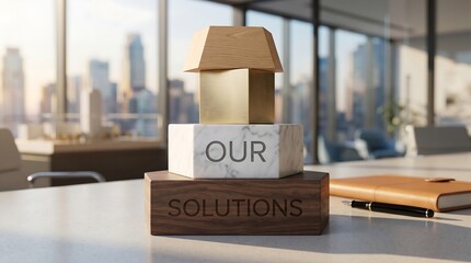 Plakat Our solutions text on stacked wooden blocks with city view