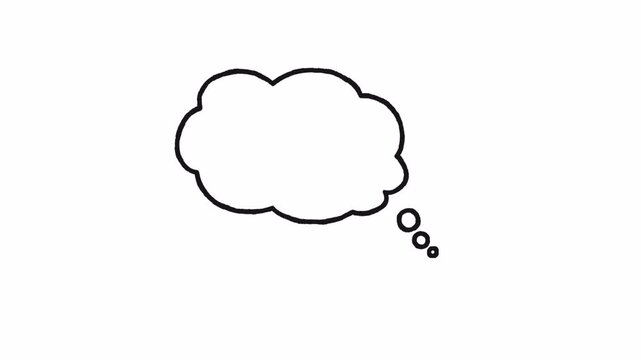 Hand drawn thought bubble animation on white background, cartoon speech cloud 4k video