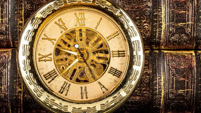 Antique pocket watch on old books background close up cinematic motion.
