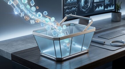 Fototapeta premium Cryptocurrency digital shopping basket with virtual coins and tokens