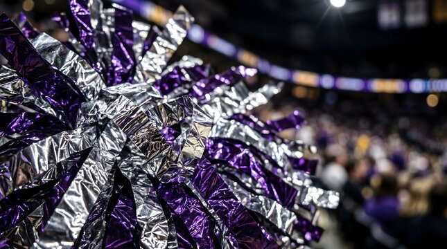 Close up of purple and silver cheerleader pom poms