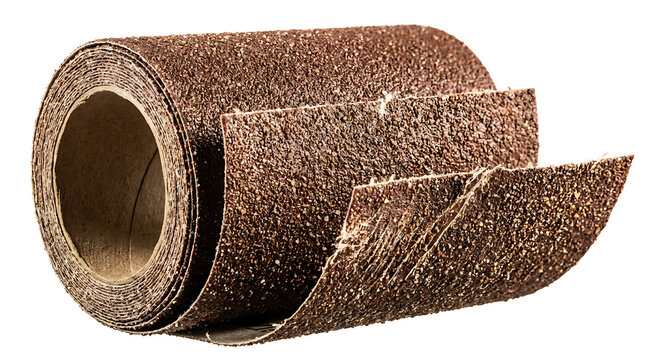 Roll of brown abrasive sandpaper isolated on white background