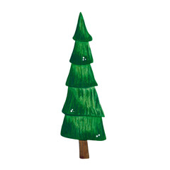 Fototapeta premium Green Christmas tree, watercolor illustration, cartoon. Hand-drawn illustration. Design for stickers, cards, scrapbooking. Forest, nature, tree, conifers