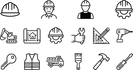 Construction and Engineering Line Icons Collection Featuring Safety Equipment Tools Machinery Architecture Planning and Industrial Workforce Symbols © Mokarrom