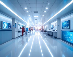Fototapeta premium Hospital corridor with medical staff walking.