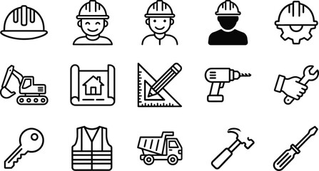 Construction Worker and Building Equipment Icons Set Featuring Safety Tools Machinery Engineering Architecture and Industrial Vector Symbols © Mokarrom