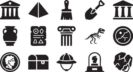 Archaeology, ancient history, museum icons, 16 black and white symbols, vector graphics © Muhammad