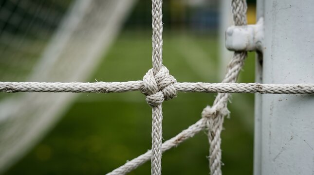 Close up of knotted white rope on soccer goal net