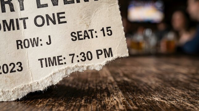 Close up of torn vintage event ticket on wooden table
