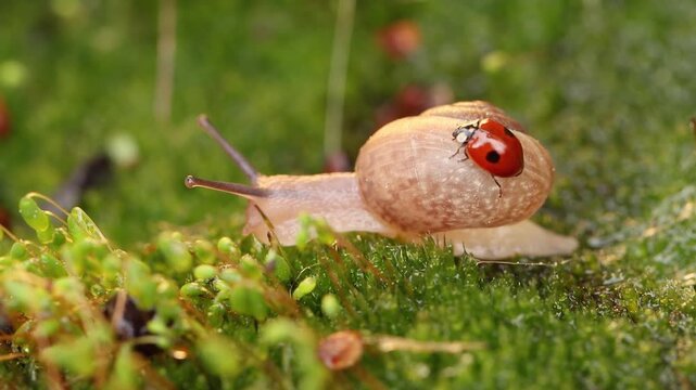 Macro footage of ladybug on snail shell slowly moving across vibrant green moss, showcasing delicate interaction in natural habitat.