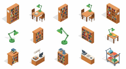 Collection of isometric library elements including bookshelves, desks, lamps, and carts. © Dan