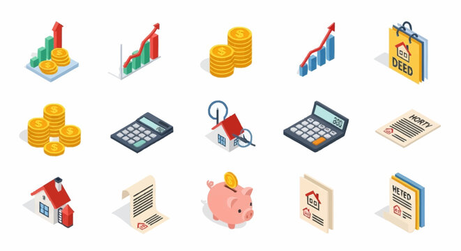Isometric icons representing financial concepts like savings, debt, and investment growth.