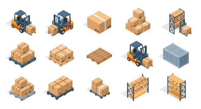 Isometric set of warehouse elements including forklifts, boxes, pallets, and shelves for logistics and delivery.