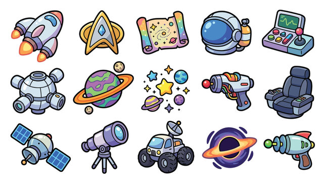 Collection of cartoon-style space and science fiction icons, including rockets, planets, astronauts, and futuristic technology.