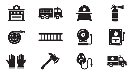 Fototapeta premium Emergency Response Icons, Firefighting Symbols, Rescue Signs, Emergency Services Logos, Black Vector Icons