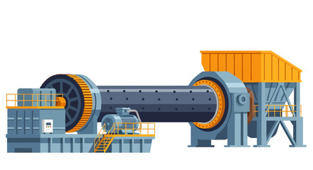 A blue industrial ball mill machine featuring a large horizontal rotating cylinder motor and feed hopper structure © Faisal