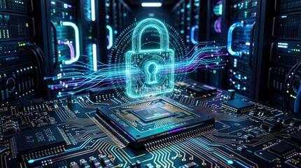 Fototapeta premium Digital Security Concept - Glowing Padlock Over Futuristic Circuit Board.