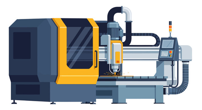 A CNC milling machine with a yellow and blue housing control panel and cutting tool performing a metal operation