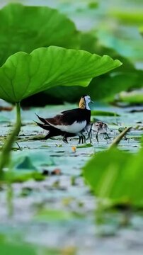 Pheasant Tailed Jacana Bird Protecting Chicks Under Lotus Leaf in Pond