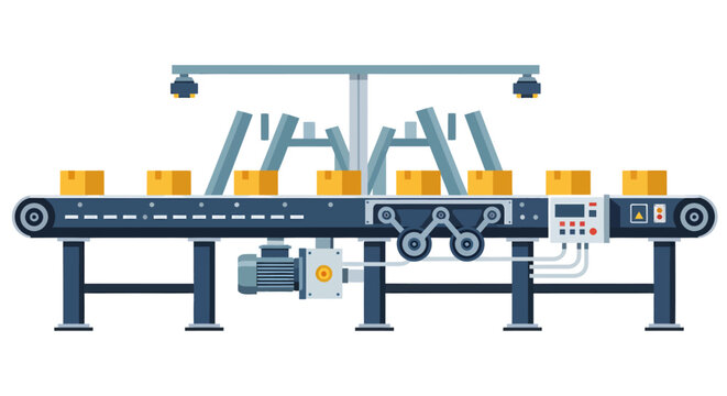 An industrial conveyor belt system carrying eight yellow boxes featuring an electric motor and control panel
