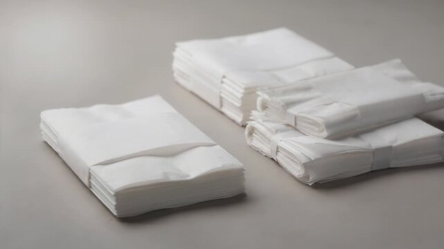 Medium shot of blank logoready deli paper sheets cut and wrapped in bundles emphasizing versatile packaging options for custom branding in deli and takeout environments.