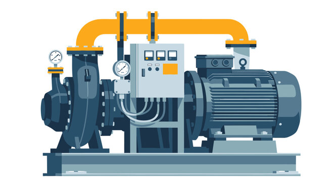 An industrial water pump assembly featuring a motor control panel gauges and yellow pipes on a steel frame