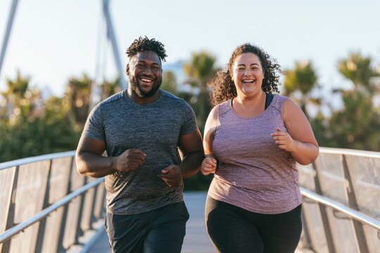 A smiling plus-size woman and a fit African man jogging together on a bridge