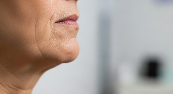 Crepey skin on lower face and neck shows natural aging with fine lines and wrinkles in soft light