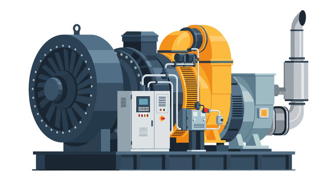 Industrial power generator unit featuring a large dark turbine yellow casing control panel and exhaust pipe