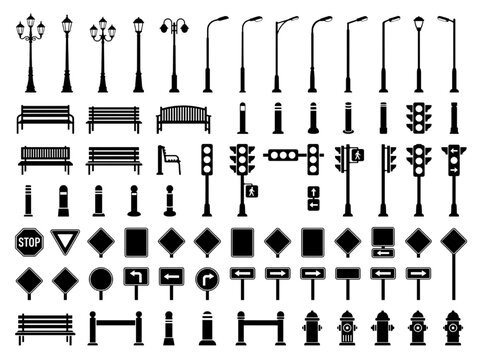 Urban Street Furniture CAD Blocks Vector Icon Set with Streetlights Benches and Signs