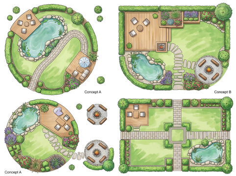 Garden Landscape Design CAD Plans with Pond and Deck Top View