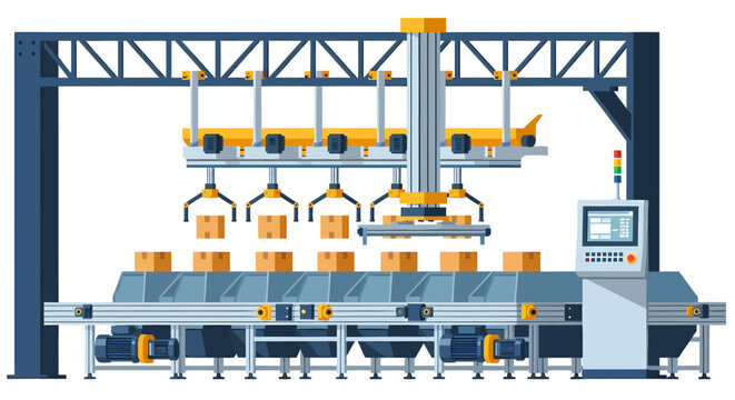 Industrial robotic arm system sorting cardboard boxes on a conveyor belt with a control terminal