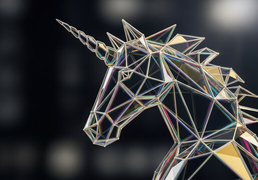 Glass unicorn sculpture with startup funding ecosystem concept in modern creative environment