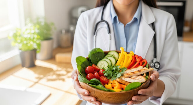 Healthcare professional is treating kidney disease by promoting healthy diet with fresh vegetables and grilled chicken for better wellness